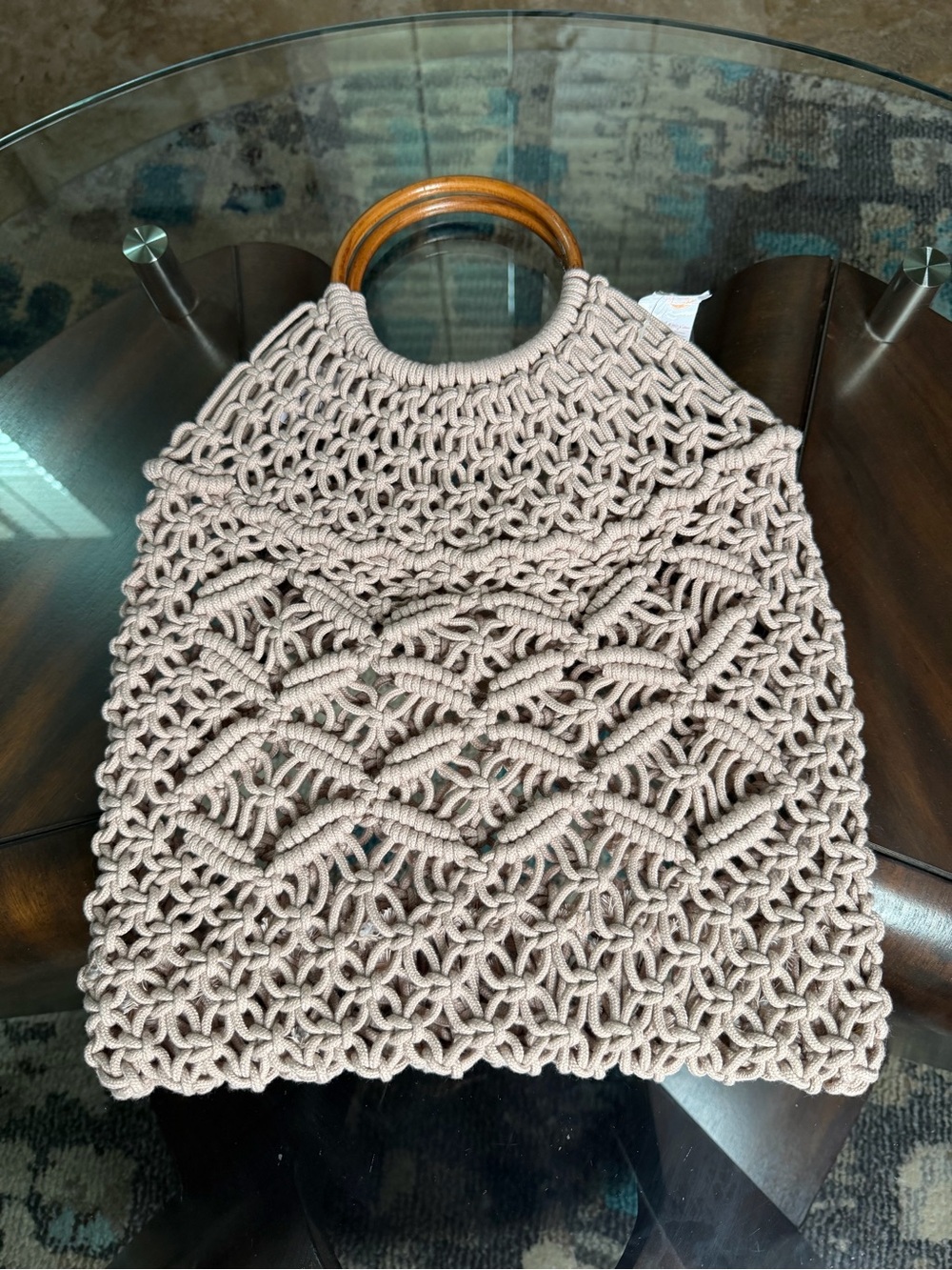 Handmade Macramé Wooden Handle Tote‎ Bag Boho Woven Crochet Purse Tan Color